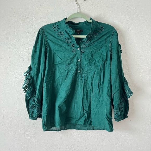 Green J crew embroidered eyelet ruffle sleeve mock neck blouse sz s - Picture 5 of 15